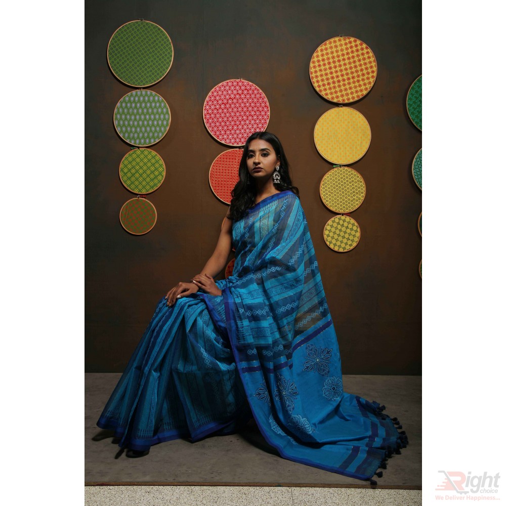 Blue Firoja Stripe Block Print Khatha Stich Half Silk Saree 