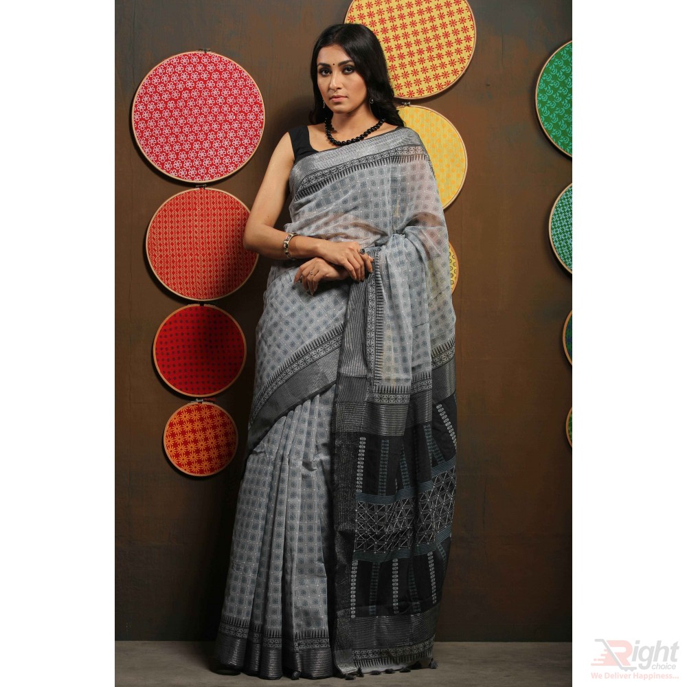 Gray Colour Half Silk Saree Block Print and stitch