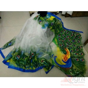 Moshlin Hand Painted Saree With Peacock- White